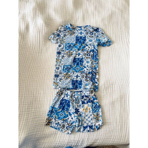 Kids Posh Peanut Bamboo Pajama Set 4T Blue White Tile Print